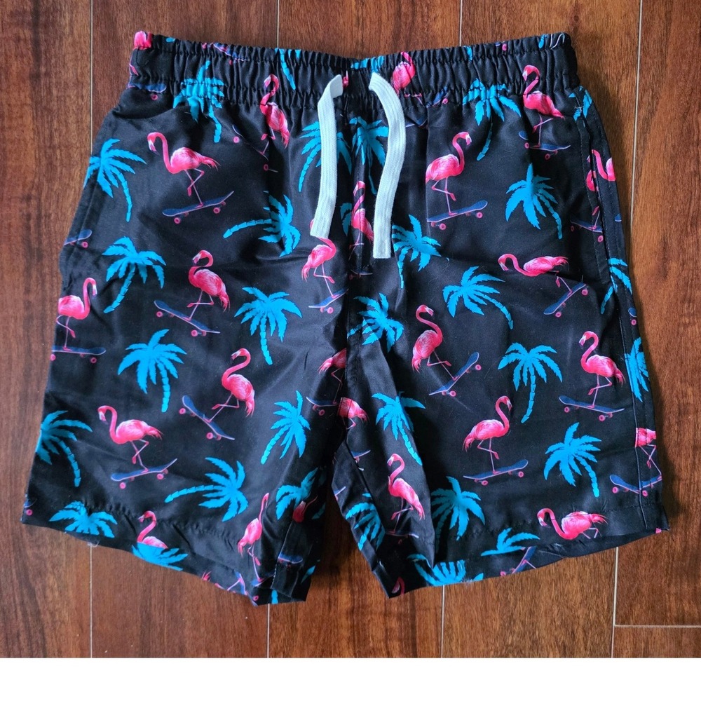 Boys 8 Flamingo Skateboard Swim Trunks Black Tropical Palm Tree Board Shorts